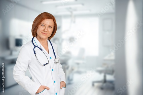 Doctor woman posing in hospital, medicine concept