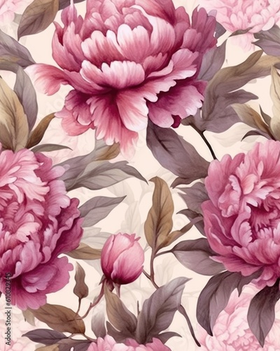 peonies illustration - seamless digital pattern for textiles, fabrics, souvenirs, packaging. AI generated © InfiniteStudio