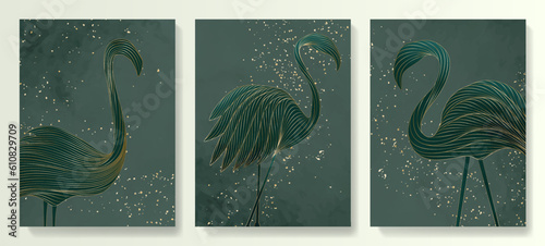 Luxury natural art background with flamingo birds in golden line style. Animal hand drawn set for decoration, print, interior design, wallpaper, invitations, packaging.