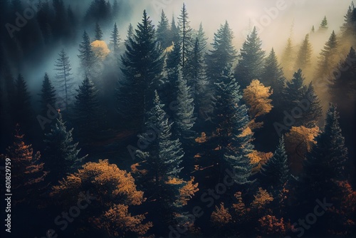Aerial view of foggy forest