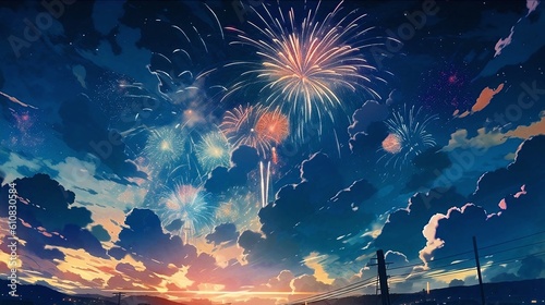 夜空に打ちあがる花火のアニメ風イラスト　generative ai