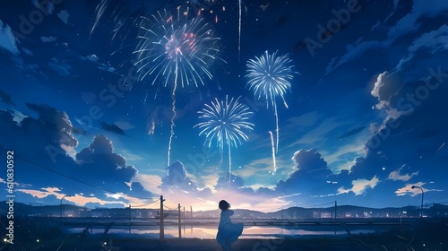 夜空の打ちあげ花火を見る女性のアニメ風イラスト　generative ai