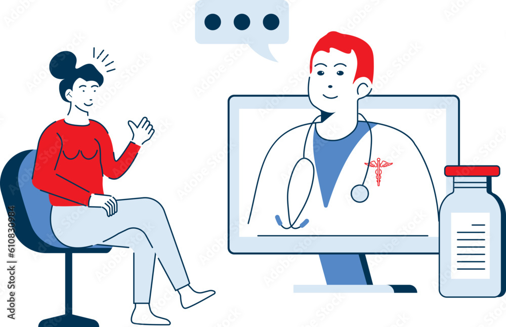 Woman having video consultation with doctor online on laptop. Vector illustration Woman having video consultation with doctor online on laptop. Vector illustration