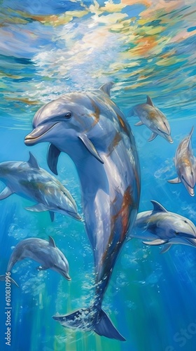 Dolphin pod playing in the ocean. Generative AI