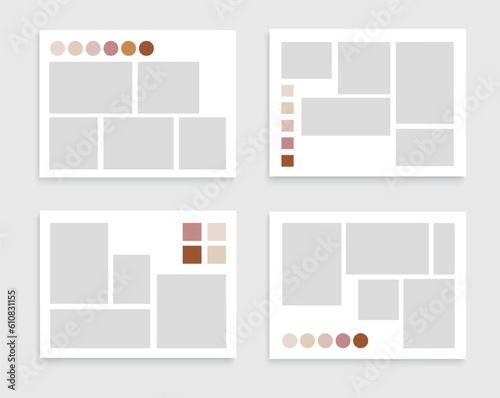 Photo collage template. Mood board layout. Mosaic picture grid background. Photo frame mockup with color palette and quote. Vector illustration
