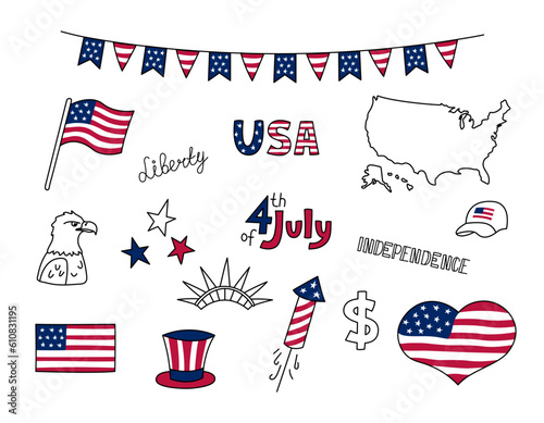 USA doodles set. United States of America vector design elements isolated on white background. Collection of US national symbols. Independence Day. American flag, liberty statue, July 4, eagle
