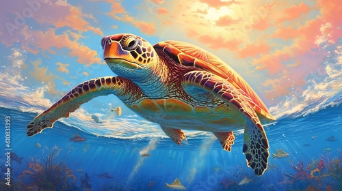 Sea turtle swimming in the ocean at sunrise. Generative AI © August