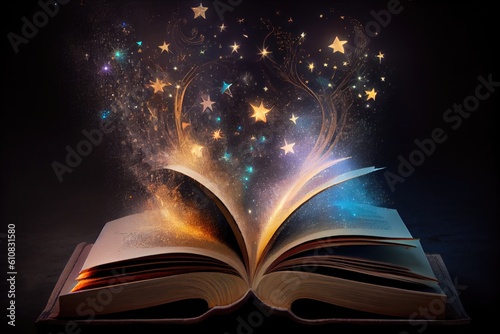 Open book with stars and magic emanating from the pages