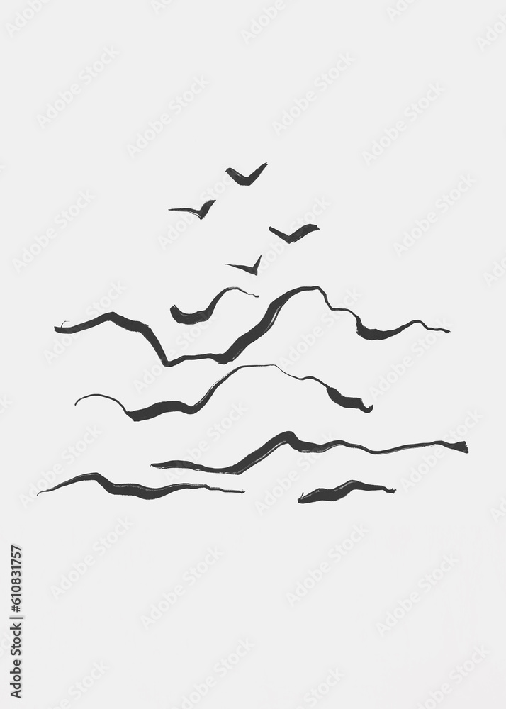 minimalist art of birds and clouds. lines brushes. black and white art. illustration for background, decorating. abstract art. modern minimalist art of birds and clouds. lines brushes. black and white art. illustration for background, decorating. abstract art. modern