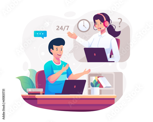 Customer service concept with a man sitting at his laptop and talking with a call center woman support. Contact us, Hotline operator. Vector illustration in flat style