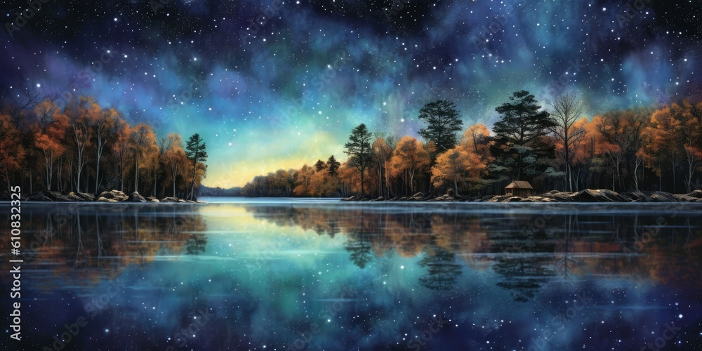 Gaze upon a serene lake shimmering under a canopy of stars  Generative AI Digital Illustration Part#060623 