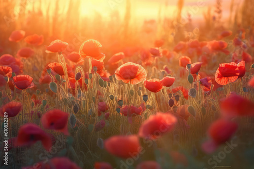 a red field of poppies with the sun rising behind it, generative AI