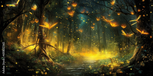 Step into a magical forest illuminated by the gentle glow of countless fireflies  Generative AI Digital Illustration Part 060623  © Cool Patterns