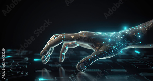 artificially intelligent machine touching a hand on technology, generative AI © Kien