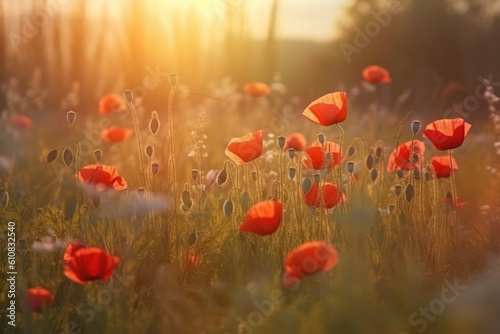 a red field of poppies with the sun rising behind it, generative AI © Kien