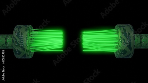 Green glowing fiber optic cables. Glowing Nano wires , fiber optic filaments. 3d render illustration.
