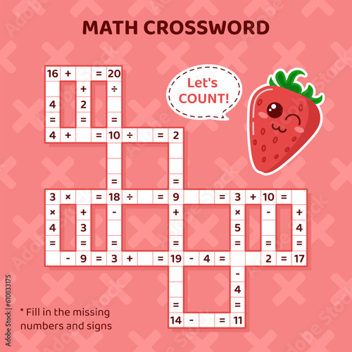 Math Crossword puzzle for kids. Addition, subtraction, multiplication and division