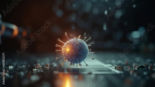 Tiny soldiers fighting a huge virus cell, like Covid. Generative AI.  © Elle Arden 