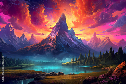 Colorful Landscape with Mountains, a Lake, Fields, and Clouds. Generative AI