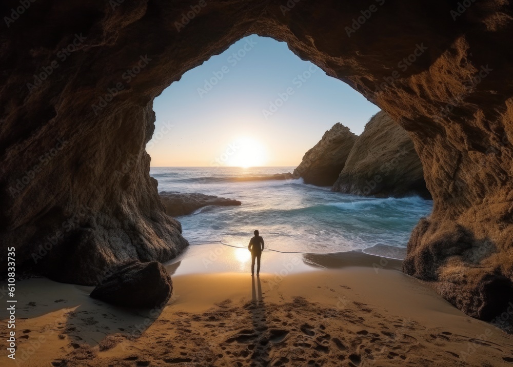Silhouette of a man standing in the cave on the beach