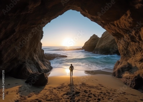 Silhouette of a man standing in the cave on the beach