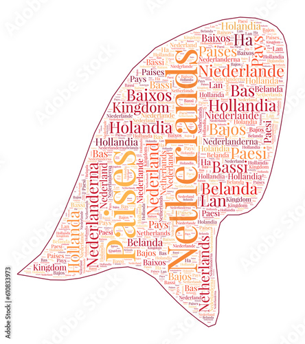 Netherlands shape filled with country name in many languages. Netherlands map in wordcloud style. Neat vector illustration.