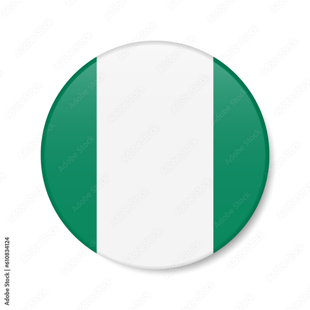 Nigeria circle button icon. Nigerian round badge flag. 3D realistic isolated vector illustration Nigeria circle button icon. Nigerian round badge flag. 3D realistic isolated vector illustration