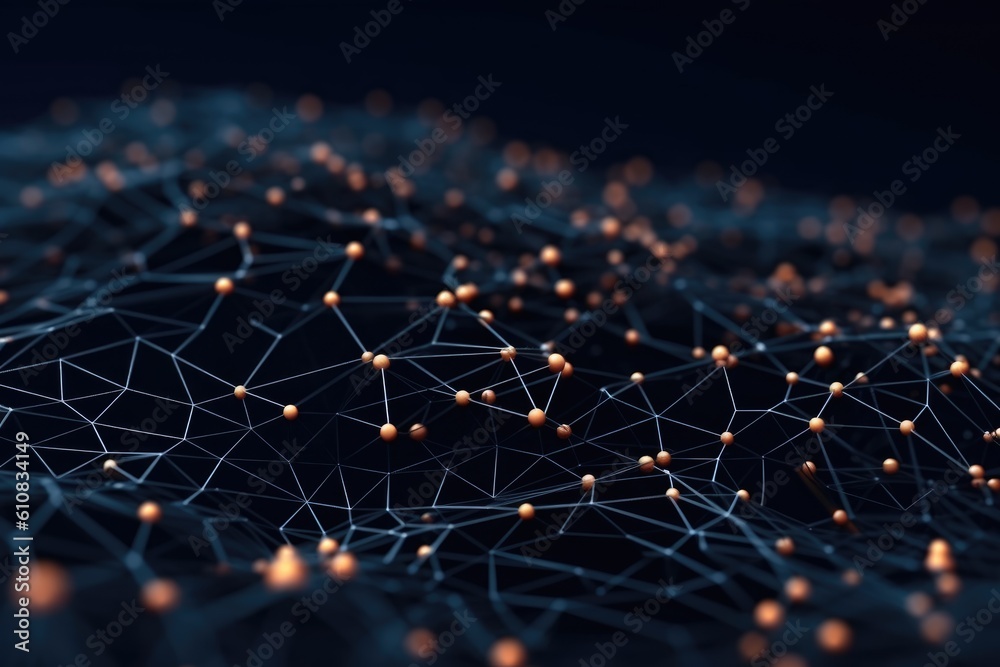 Obraz premium Abstract connected dots on a dark background. Big data digital code, data transmission. Futuristic concept of information technology. AI generated