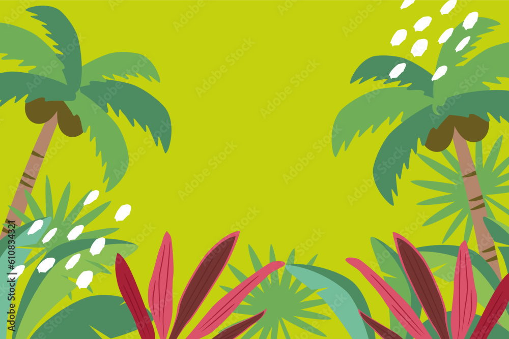 Vector summer background illustration with palm trees and tropical plants