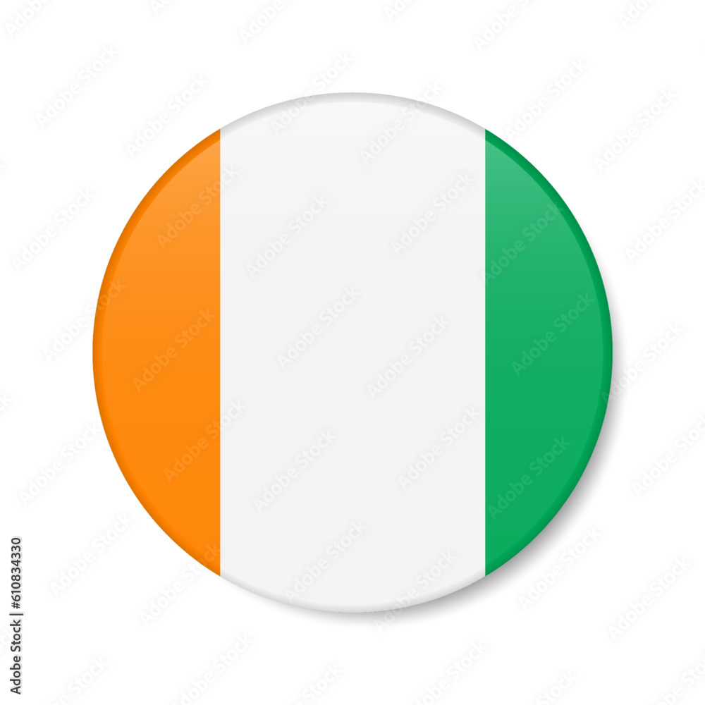 Cote d Ivoire circle button icon. Ivory Coast round badge flag. 3D realistic isolated vector illustration Cote d Ivoire circle button icon. Ivory Coast round badge flag. 3D realistic isolated vector illustration
