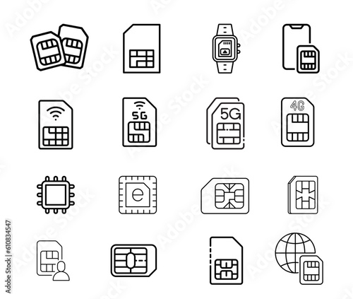 Simple Set of Sim Cards Related Vector Icons. Contains such icons as prepaid phone, simcard, 4g and more. Modern vector pictogram collection.