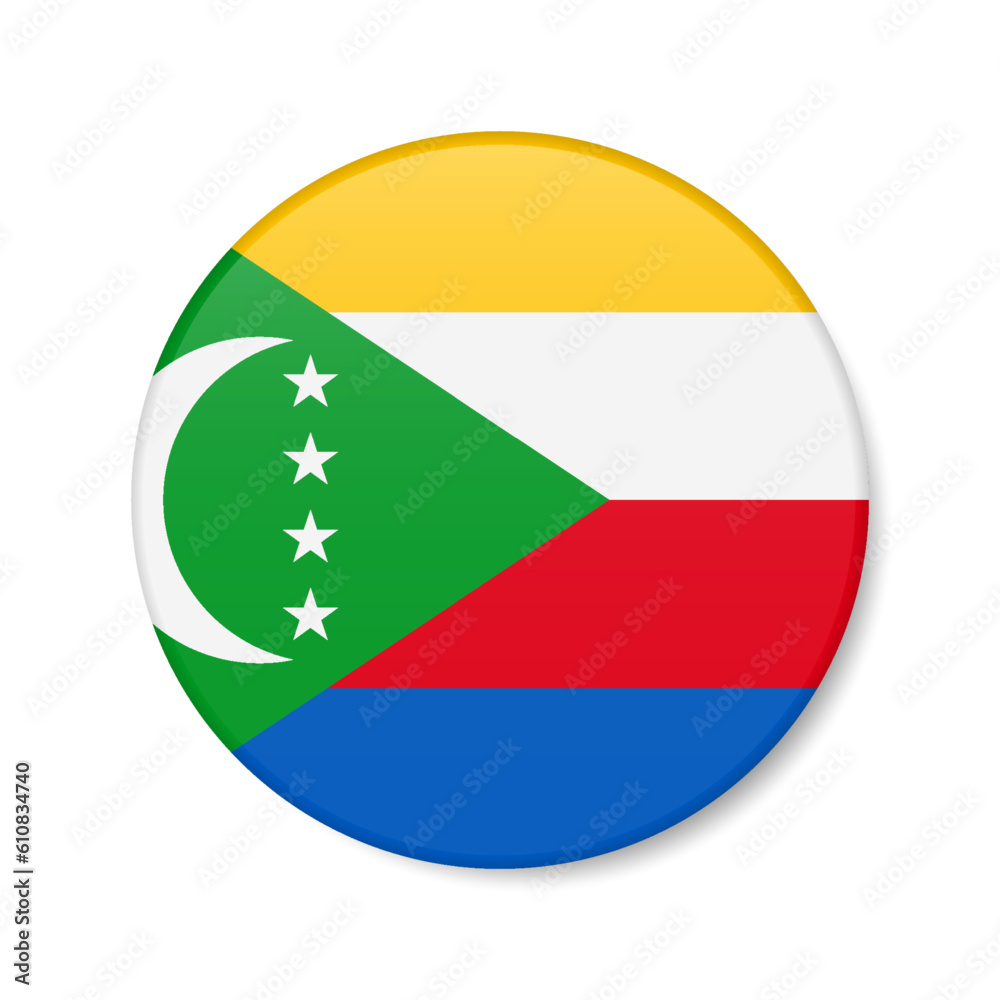 Comoros circle button icon. Union of the Comoros round badge flag. 3D realistic isolated vector illustration Comoros circle button icon. Union of the Comoros round badge flag. 3D realistic isolated vector illustration