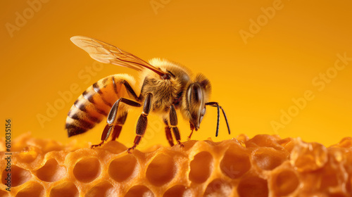 Closeup of a bee on a honeycomb