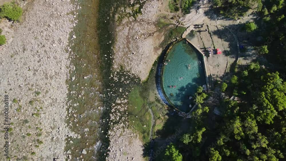 aerial view looking directly at the turquoise water with some people enjoying themselves in Benja's hot springs aerial view looking directly at the turquoise water with some people enjoying themselves in Benja's hot springs