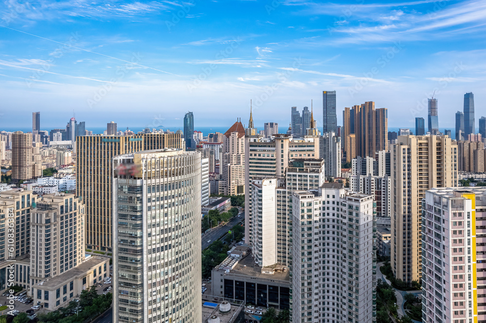 Obraz premium Aerial photo of urban landscape in Qingdao coastal bay area