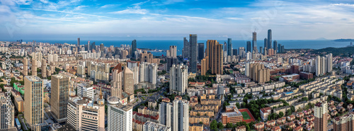 Aerial photo of urban landscape in Qingdao coastal bay area