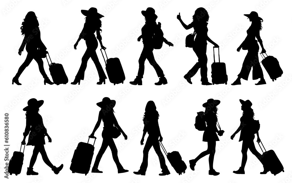 Obraz premium Vector illustration. Silhouette of a woman traveler with a suitcase. Big set of shadows.