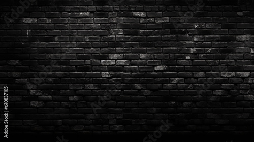 Black brick wall, black texture of a wall made of horizontal slim cut stone blocks, copy space, generative ai