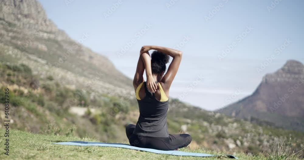 Yoga, stretching and back of woman in nature for fitness, training and cardio, peace and zen. Mountain, meditation and behind female stretch before exercise, wellness or mental health routine outside