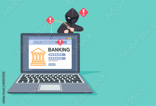 Phishing by email. hacker attacks a Laptop with a fake website. fraud scam and steal private data on devices. vector illustration flat design for cyber security awareness concept.