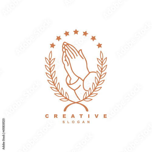pray hand gesture logo design. Hope hand with wheat and star logo vector