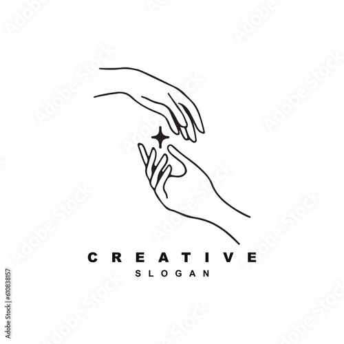 linear female hand logo design, minimal line hand holding star logo vector