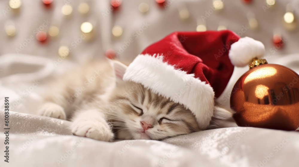 Cute kitty sleeping in santa hat on bed. Bokeh background. AI generated. Cute kitty sleeping in santa hat on bed. Bokeh background. AI generated.