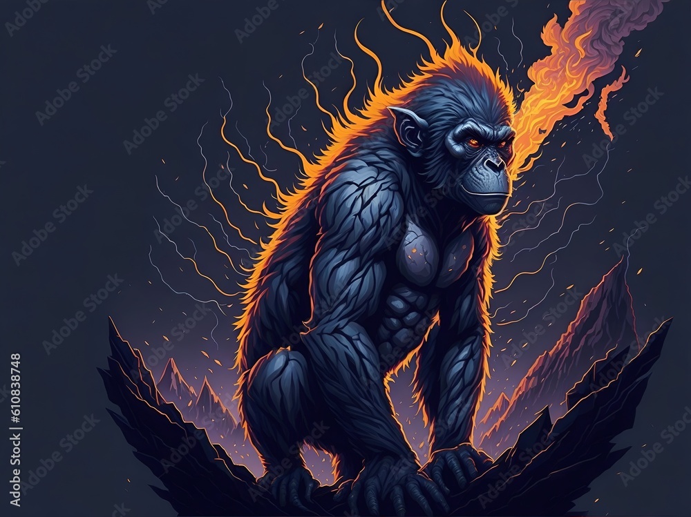 Monkey angry standing with fire. Generative AI Monkey angry standing with fire. Generative AI