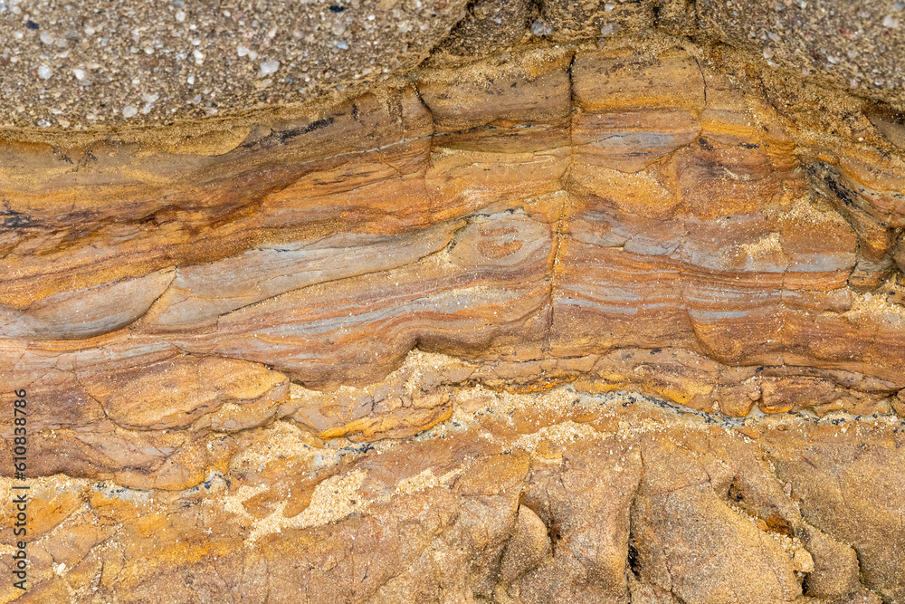 Beautiful sandstone at Salt Point State Park, California, USA, displaying different layers of rock - obrazy, fototapety, plakaty 