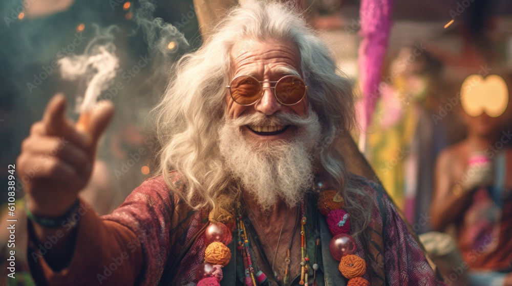 Hippie happy elderly man. AI generated.