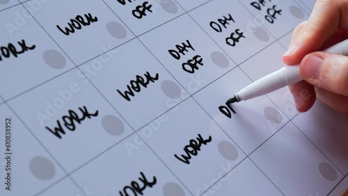 Unrecognizable person write on Magnetic board 4 day work week calendar with three weekend days off four day working week concept. Modern approach doing business short workweek. Effectiveness of