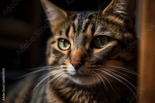 bengal cat is looking at the camera, in the style of dark gold and light brown, soft edges and blurred details, wimmelbilder