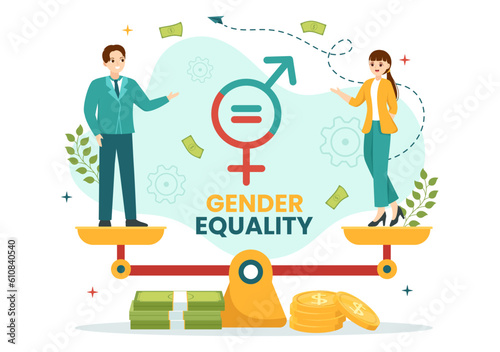 Gender Equality Vector Illustration with Men and Women Character on the Scales Showing Equal Balance and Same Opportunities in Hand Drawn Templates