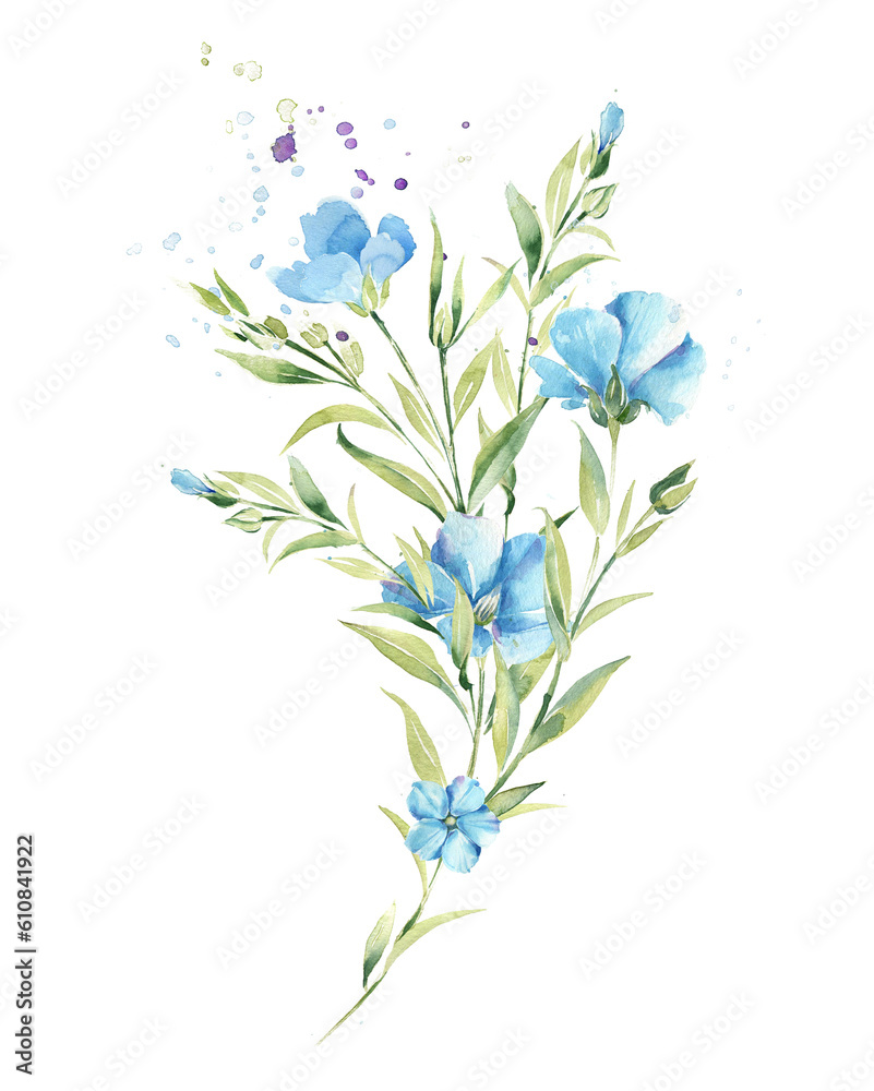 Field bouquet of sky blue flowers. Watercolor flower print.